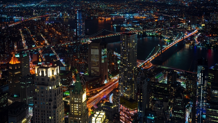 New York City Skyline at Night with Bridges 4K