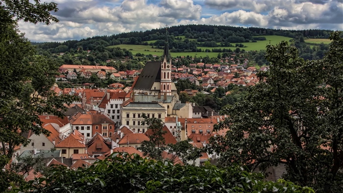Cesky Krumlov town with church tower, Czech Republic 4K