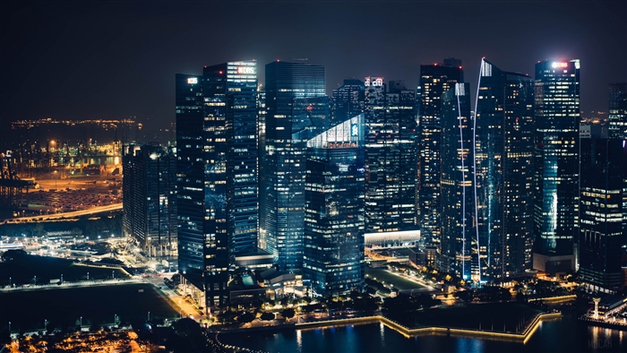 Night view of Singapore skyscrapers from above 4K