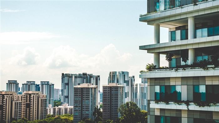 Skyscrapers with balconies and glass facades