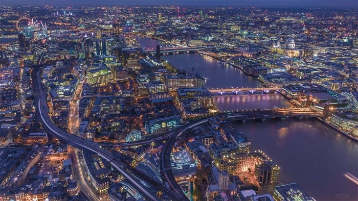 Aerial view of London at night, UK 4K
