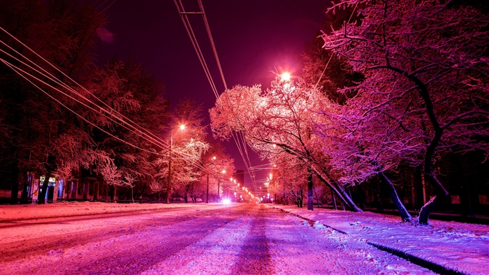 Winter road with snow and streetlights 4K