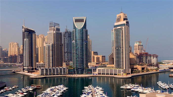 Dubai Marina skyscrapers and yachts 4K