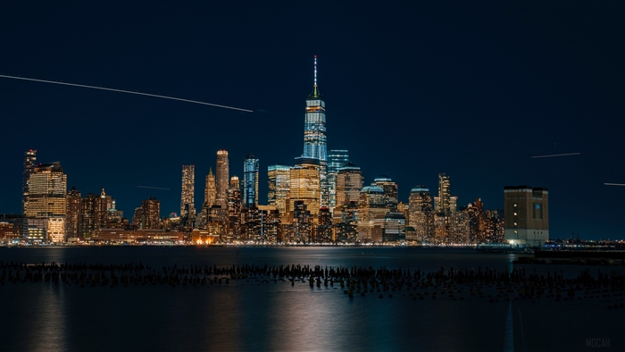 New York City skyline at night, USA
