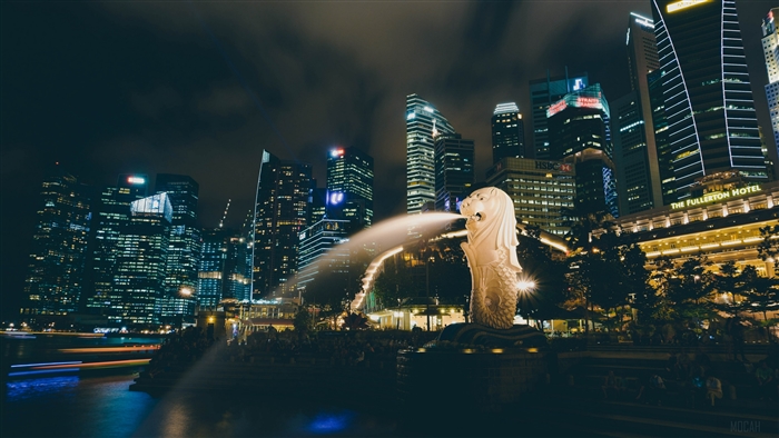 Singapore Merlion fountain and skyscrapers at night 4K