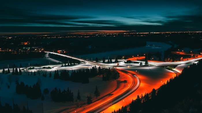 Night highway interchange in Edmonton, Canada, top view 4K