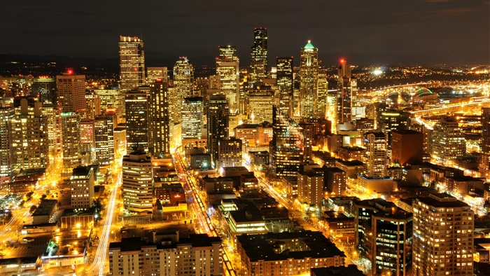 Seattle skyline at night with illuminated skyscrapers