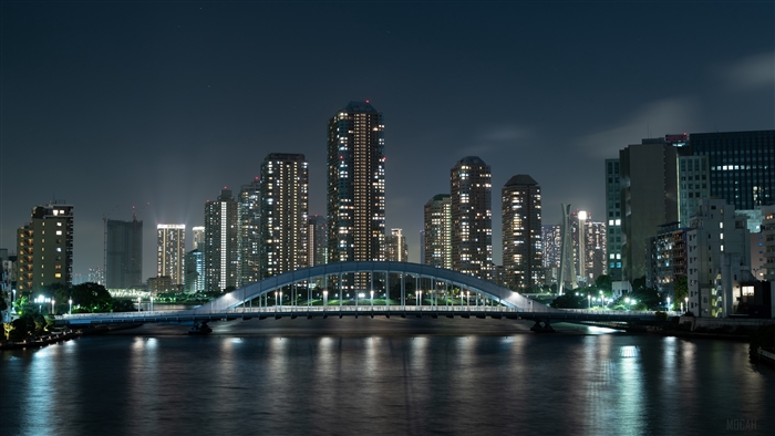 Night cityscape with illuminated skyscrapers and a bridge over a river in Tokyo, Japan 4K