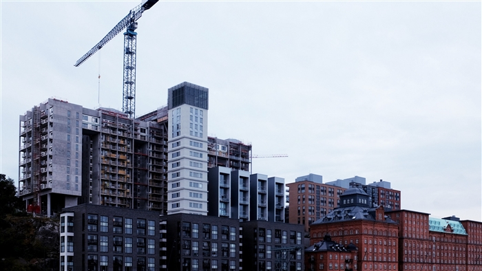 Construction of modern buildings with crane
