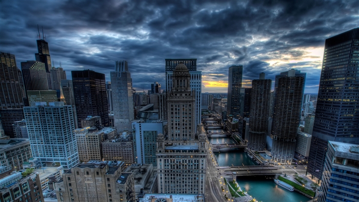 Chicago skyscrapers and river at dusk with HDR effect