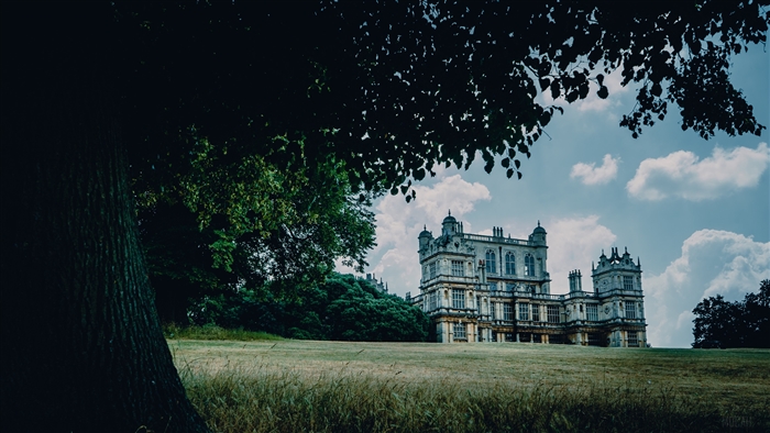 Castle on a hill with trees and clouds