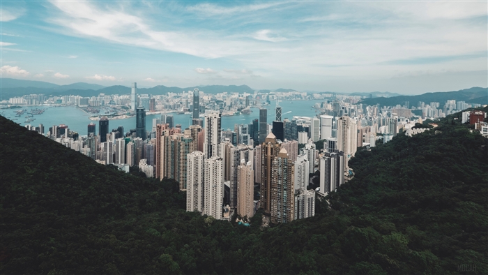 Hong Kong skyline with Victoria Harbour and mountains