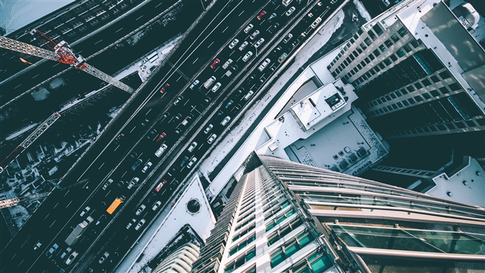 Aerial view of city traffic and skyscrapers