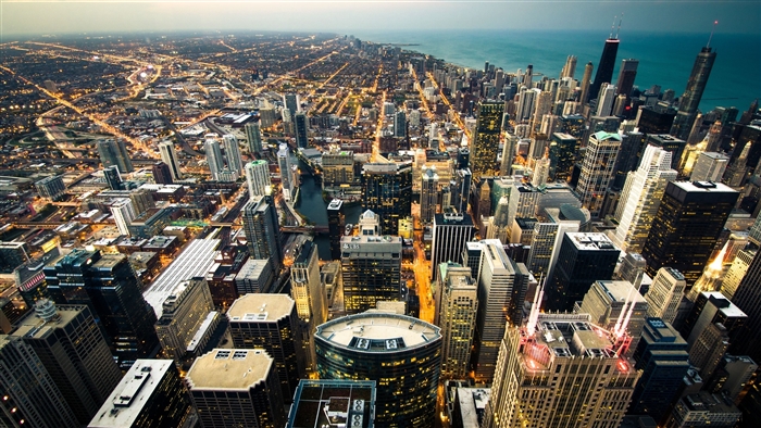 Chicago skyline with city lights and coastline 4K