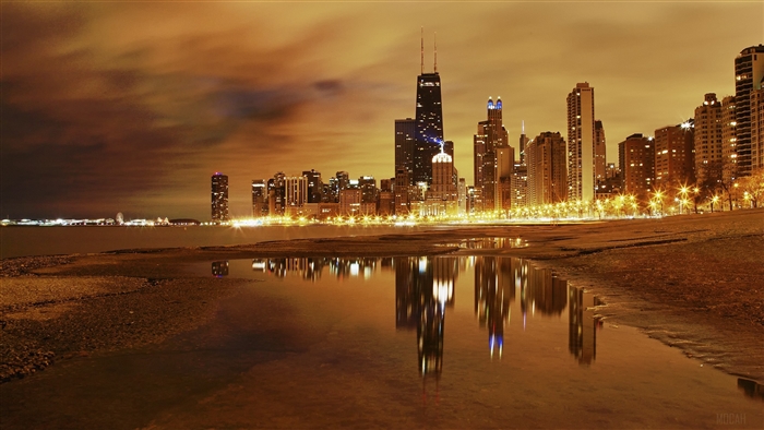 Chicago skyline at night with lake reflection 4K