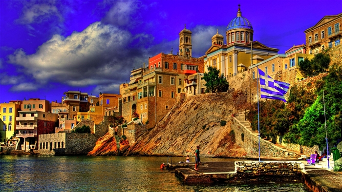 Greece Cityscape with Greek Flag 4K