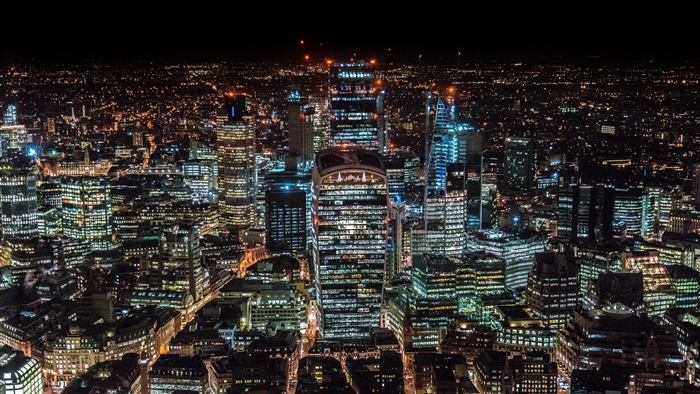 Night view of London skyscrapers, United Kingdom 4K
