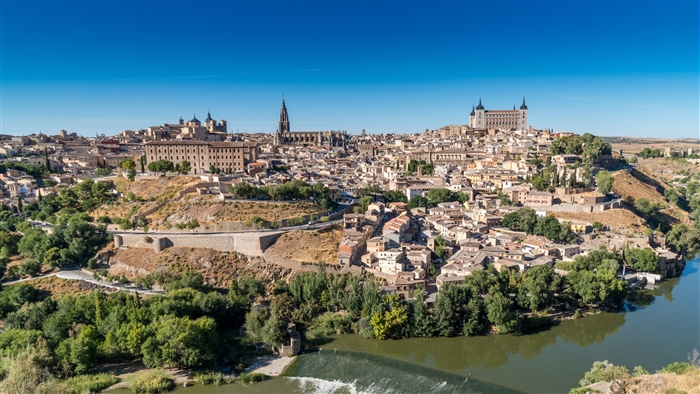 Toledo, Spain panorama with river and cityscape