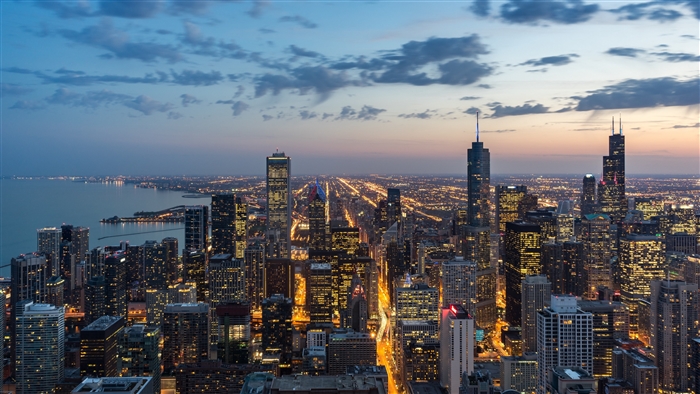 Chicago skyscrapers at night, view from above 4K