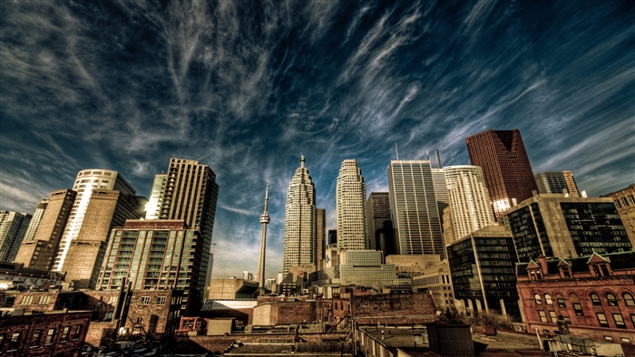 Toronto cityscape with CN Tower and dramatic sky 4K