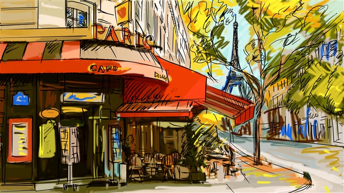Paris cafe with Eiffel Tower view 4K