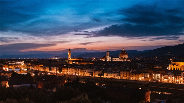 Florence cityscape at dusk with Duomo and Arno River