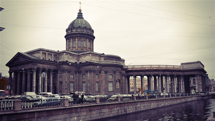 Kazan Cathedral on a river quay in St. Petersburg