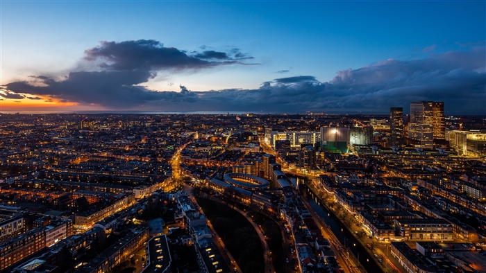 The Hague, Netherlands at Night from Above 4K