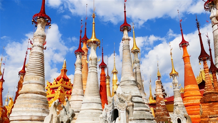 Myanmar Pagodas and Temples Under Blue Sky 4K