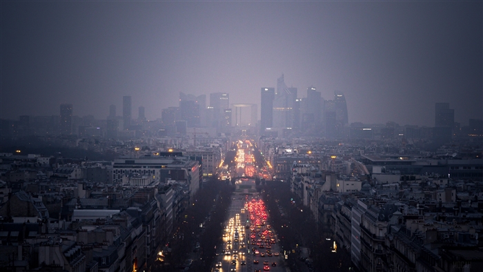 Cityscape with skyscrapers and traffic in fog 4K