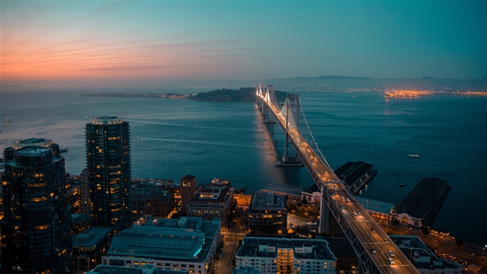San Francisco Bay Bridge at night, aerial view 4K