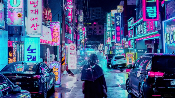 Neon-Lit Night Street with Umbrella 4K