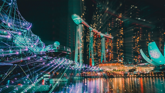 Singapore skyline at night with light displays