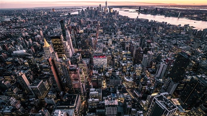 Aerial view of New York City skyline at dusk, 4K