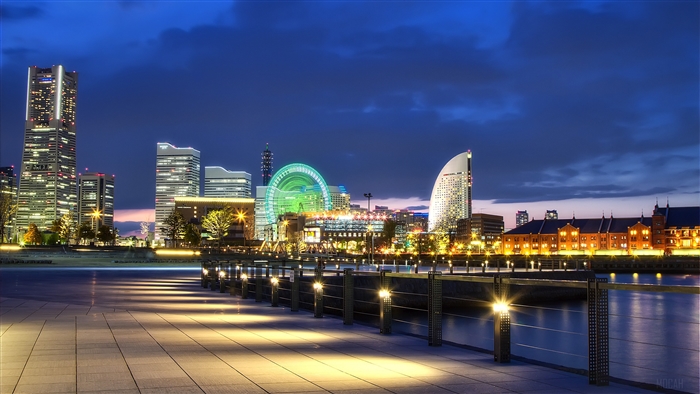 Yokohama cityscape with Ferris wheel and waterfront at night 4K