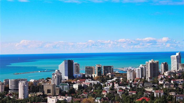 Sochi Arboretum panorama with sea and buildings