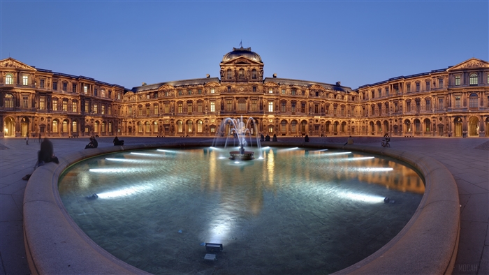 Louvre Museum courtyard fountain at dusk, Paris, France 4K