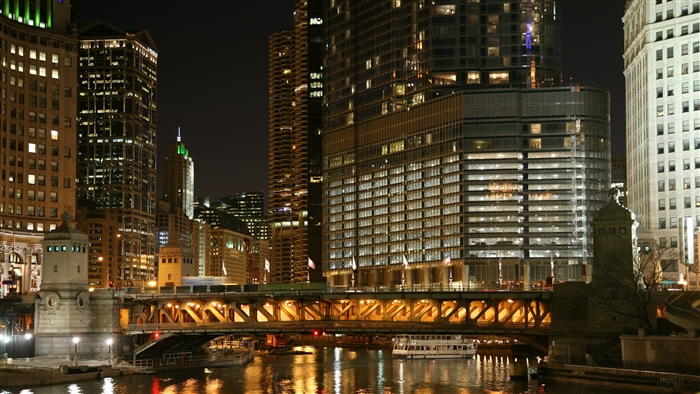 Chicago River Bridge and Skyscrapers at Night 4K