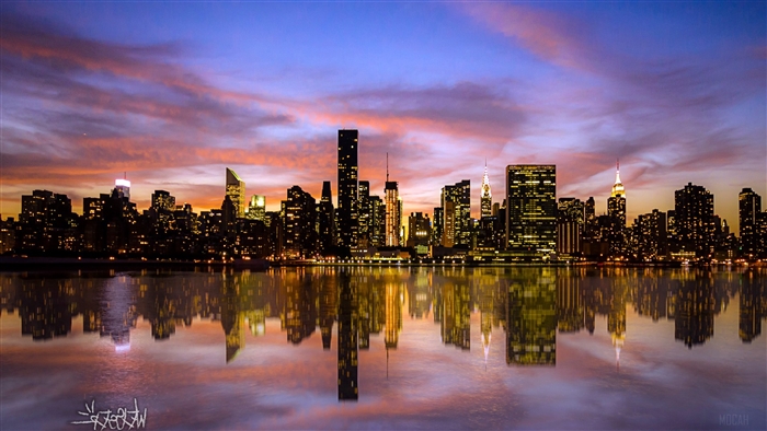 Manhattan Skyline at Sunset with Reflections 4K