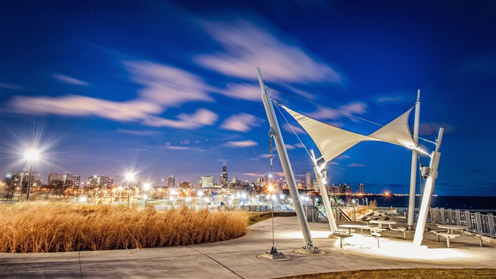 Chicago skyline at night with modern park structures