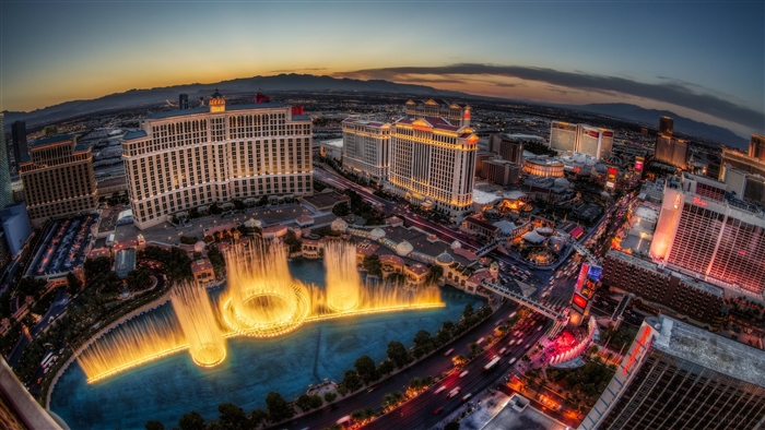 Bellagio Fountains and Las Vegas Strip at Dusk 4K