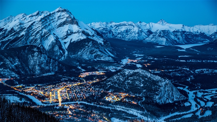 Banff Night Mountains with Glowing Lights 4K