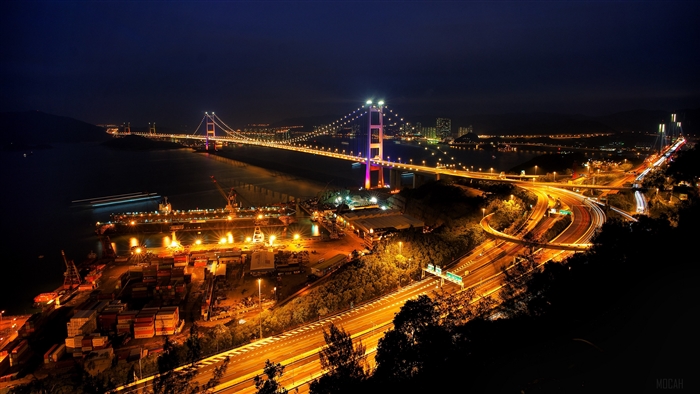 Night city bridge with port and highway 4K