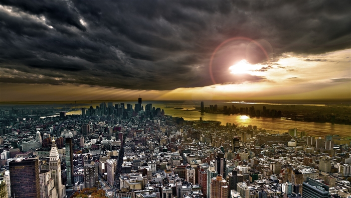 New York City Skyline Under Stormy Sky 4K