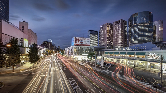Shinagawa Station at Dusk with Light Trails