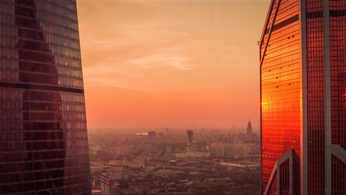 Moscow City skyscrapers at sunset 4K
