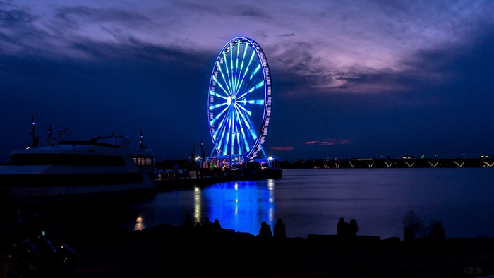Ferris wheel illuminated at night on a shore