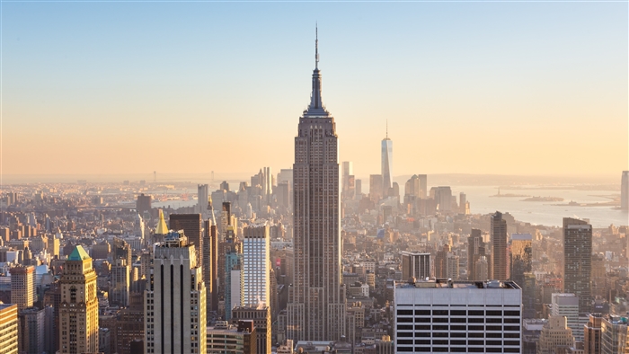 New York City Skyline with Empire State Building at Sunset 4K