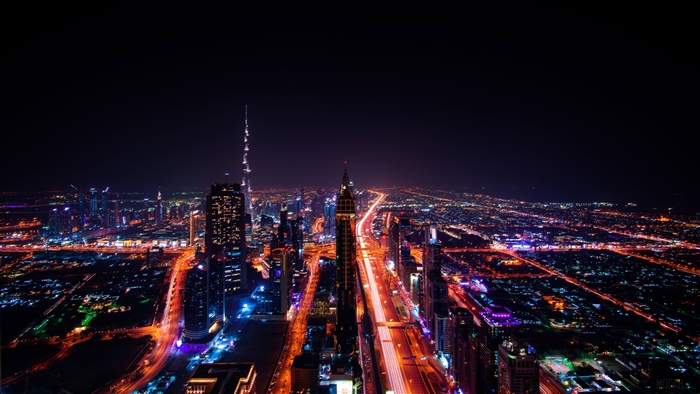 Dubai Cityscape at Night with Burj Khalifa
