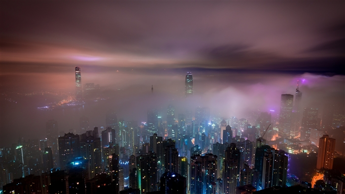 Hong Kong Buildings at Night in Mist 4K